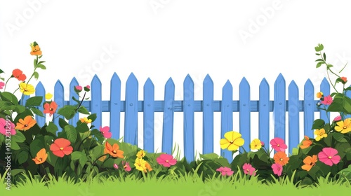 Charming garden scene with a blue picket fence and colorful flowers on white backdrop