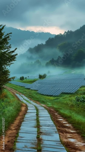 A curving rural road cuts through a lush green solar farm beneath mist-covered mountains. Soft morning fog wraps the scene in tranquility, blending nature with clean energy innovation.