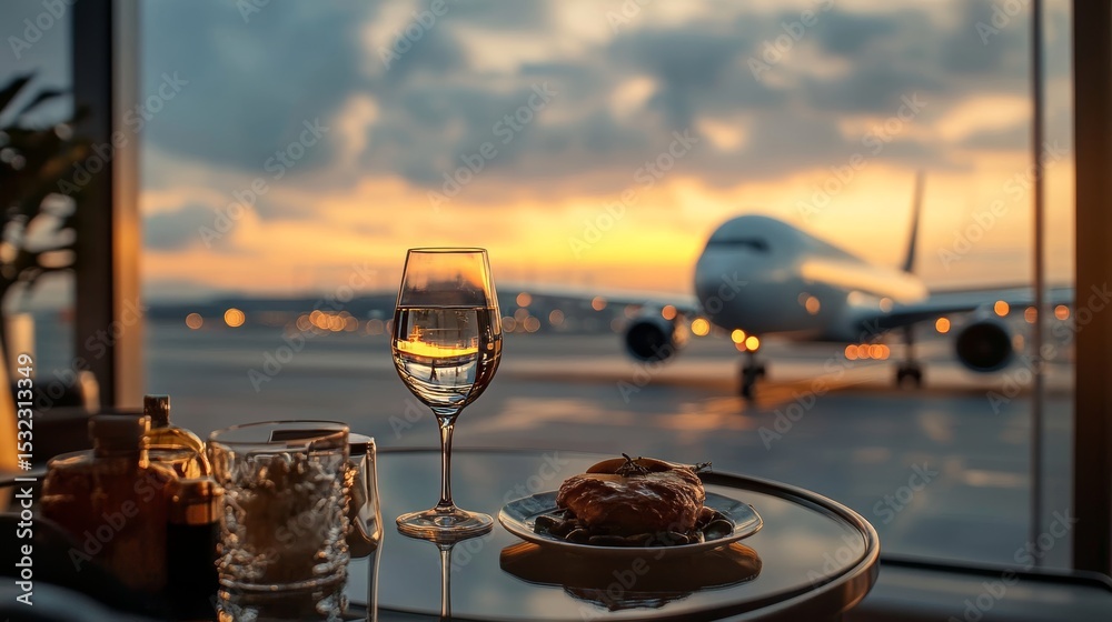 Obraz premium Elegant Airport Lounge at Golden Sunset with Wine and Pastry, Airplane Taking Off Nearby