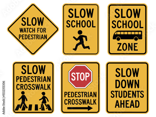 School and Pedestrian Crossing Warning Signs – Yellow Vector Traffic Icons