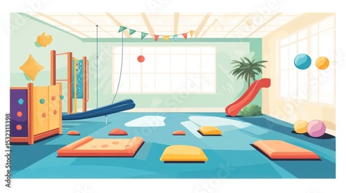 Bright, cartoon indoor playroom with climbing structures and soft play areas, sunlight