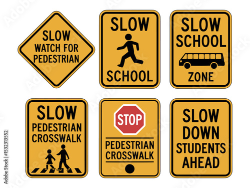 School and Pedestrian Crossing Warning Signs – Yellow Vector Traffic Icons