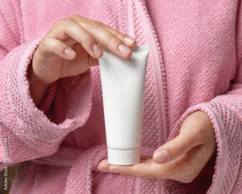 Closeup of woman in pink bathrobe holding white squeeze cream tube in hands, cosmetic mockup