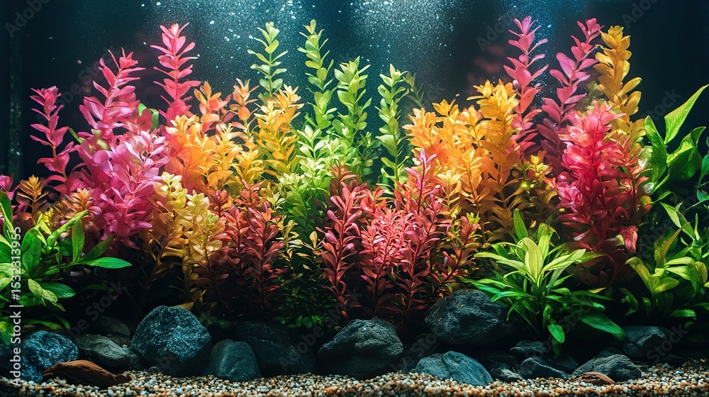 Fototapeta premium Colorful aquarium plants, underwater scene, vibrant decor, background bubbles, home decor