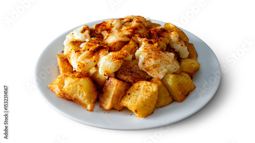 A plate of patatas bravas with aioli and spicy paprika, a typical Spanish tapa isolated on empty background