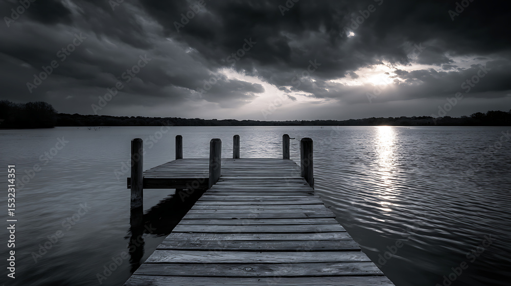 Fototapeta premium Dramatic Monochrome Landscape of a Wooden Dock Extending into a Calm Lake at Sunset