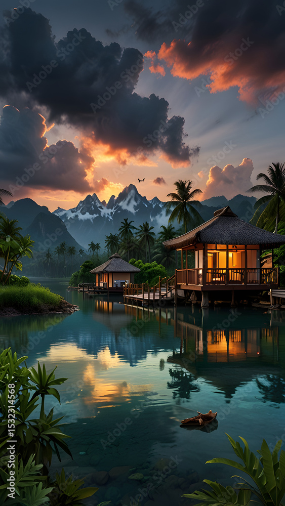 custom made wallpaper toronto digitalTranquil lakeside cabin basks in the warm glow of a sunset, refined culture a Thai setting, picturesque Thailand, modern luxury waterfront house with large windows and beautiful sunset sky reflection.