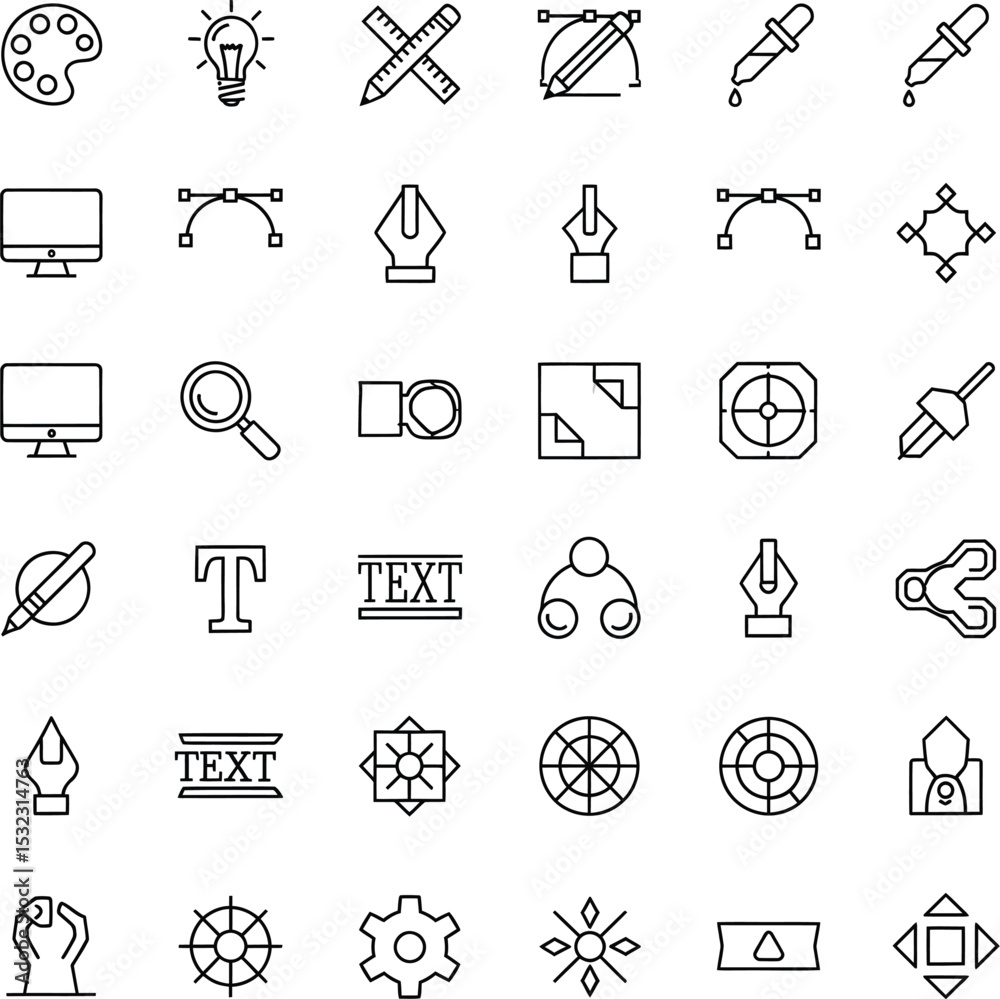 Fototapeta premium Minimalist Vector Icons Representing Graphic Design Tools and Creative Elements