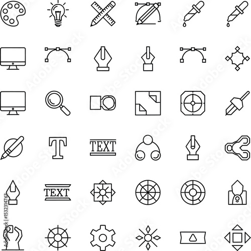 Minimalist Vector Icons Representing Graphic Design Tools and Creative Elements