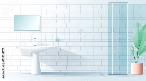 Bright bathroom scene with white tile, sink, shower, and plant against light blue tones
