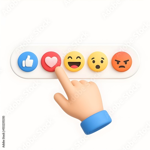 3D illustration of a hand pressing a heart reaction icon among other social media emoticons, including like, laugh, surprise, and angry. Perfect for illustrating social engagement, user interaction, f