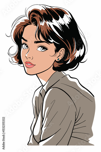 A captivating color cartoon portrait beautiful woman with short, dark hair looking back over her shoulder. This elegant illustration ideas for beauty, fashion, and character design