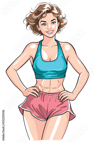 A vibrant cartoon illustration of a fit woman in a blue sports bra and pink shorts, showcasing toned abs. She smiles confidently, embodying an active and healthy lifestyle.