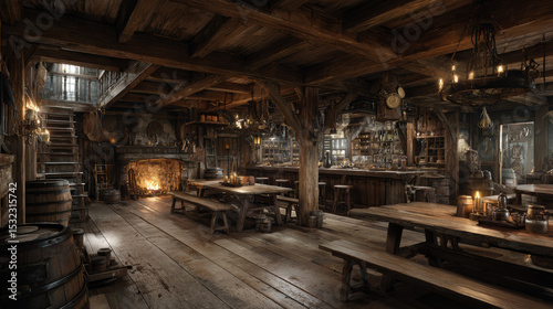 Highly detailed medieval tavern interior with wooden beams, fireplace, and rustic candlelit atmosphere