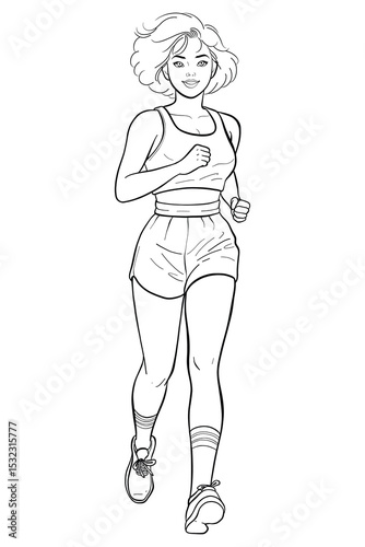 This line art sketch features an athletic girl jogging, embodying a healthy lifestyle. The female runner wears workout clothes with a smiling, energetic expression.