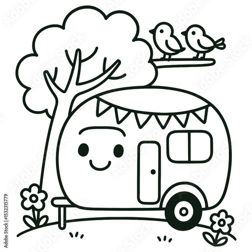 Happy Camping Van Line Art Illustration Fun Camper Coloring Page for Kids

