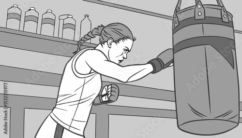 Female boxer practicing boxing with punching bag                                      