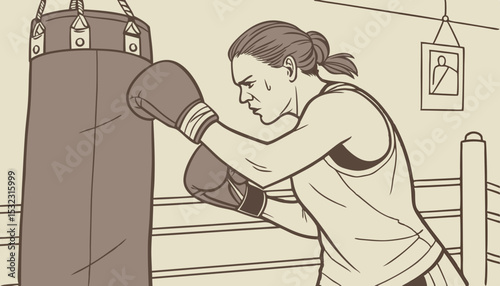 Female boxer practicing boxing with punching bag                                      