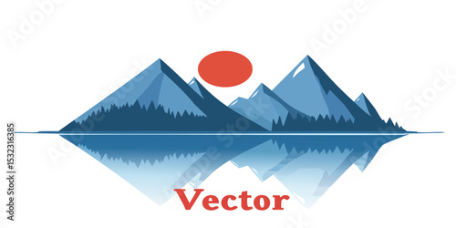Simple landscape illustration of mountains reflected in a lake with a red sun