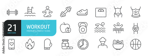 Set of line icons related to workout, fitness, gym. Outline icons collection. Editable stroke. Vector illustration