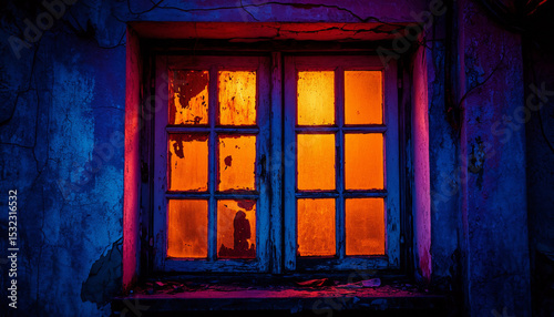 Abandoned building, peeling walls, warm light from window, contrast of blue and orange, gloomy atmospheric lighting