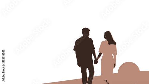 The image is a minimalist vector illustration depicting a couple holding hands and walking away from the viewer towards a setting sun. The style is clean and contemporary, with a limited color