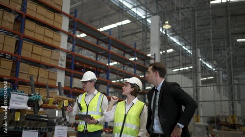 Blue collar workers are working and meeting at warehouse. Industrial and factory.