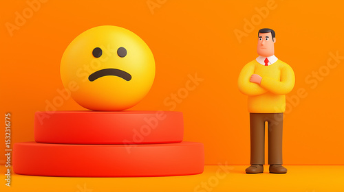 Disappointed 3D Man Contemplating a Sad Emoji on a Red Platform