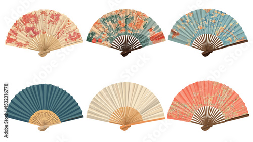 High-angle, close-up studio shot against a pure white background showcasing six hand fans arranged in a grid pattern. Each fan exhibits a unique design and color scheme.  The fans appear to be made