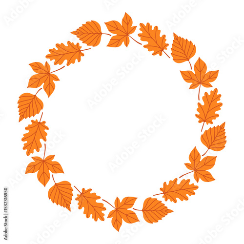 Autumn leaves circle frame. Round border made of fall leaves in orange, yellow, and green. The leaves have different shapes and are arranged in a circle. Vector flat isolated on white background.