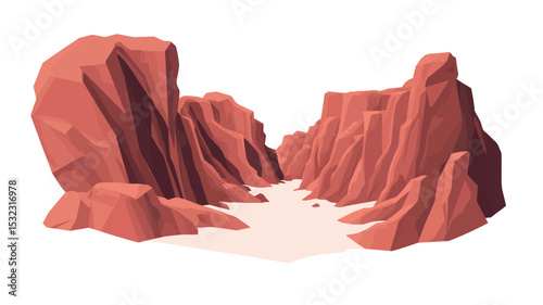 The image presents a stylized illustration of a canyon landscape. The visual style is minimalist and geometric, employing low-polygonal rendering with smooth shading transitions.  The color palette
