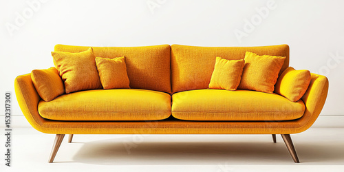 Modern yellow sofa with cushions on a white background for stylish interiors