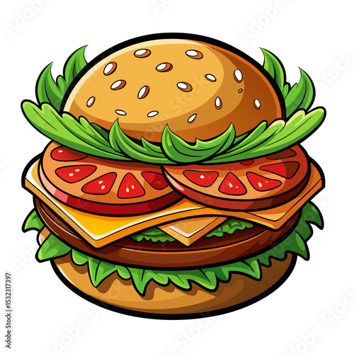 A savory beef cheeseburger with fresh lettuce, tomato, onion, and sesame bun isolated on a white background