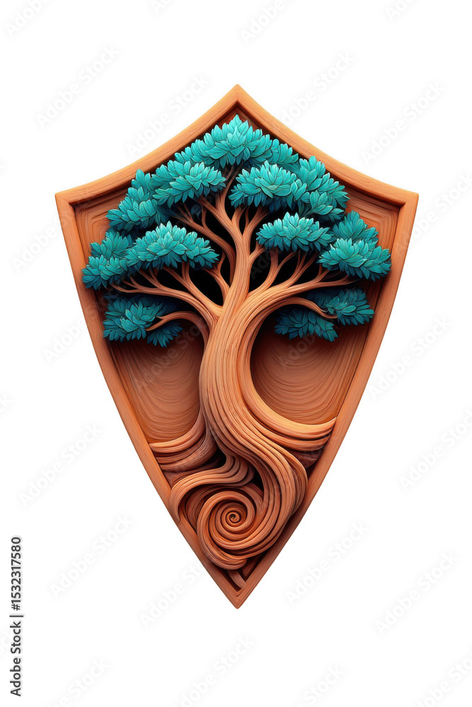 Naklejka premium Wooden Tree of Life Shield Symbol of Growth and Protection in Detailed Carved Art