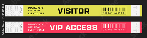 Wristbands for access control. Vector template for events, parties, fan zones, staff, VIP areas, and more.