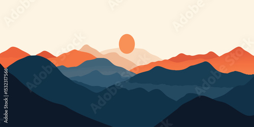 Abstract landscape of layered mountains with a sunrise or sunset sun