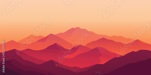 Sunset mountain range, gradient hues of orange and red