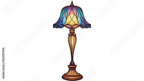 A digital illustration depicting a table lamp with a stained-glass shade. The lamp features a bell-shaped shade with vibrant blue, purple, and yellow stained-glass panels, showcasing a linear