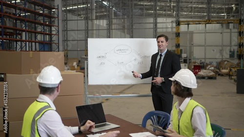 Blue collar workers are working and meeting at warehouse. Industrial and factory.