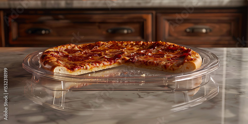 Freshly Baked Pizza with a Slice Removed on Clear Platter over Marble Countertop

