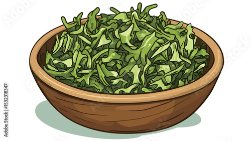A digital illustration depicts a wooden bowl brimming with finely chopped, bright green seaweed. The seaweed pieces are rendered with varying shades of green, suggesting texture and depth. The bowl