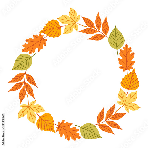 Autumn leaves circle frame. Round border made of fall leaves in orange, yellow, and green. The leaves have different shapes and are arranged in a circle. Vector flat isolated on white background.