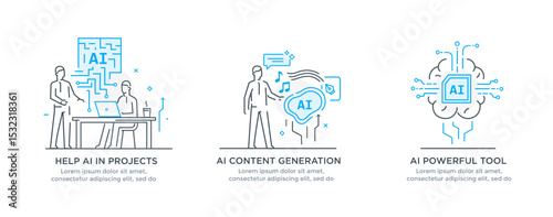 Set of illustrations artificial intelligence helps humans. technology, partnership, artificial intelligence business robot, cybes. linear illustration Icons infographics. Landing page site print