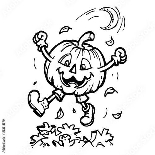A whimsical, cartoon jack-o'-lantern character is depicted leaping amidst falling autumn leaves.