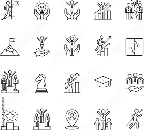 Leadership and success icons vector set, motivation symbols, career growth, goal achievement, team performance, winner podium, business strategy, support, education, talent development