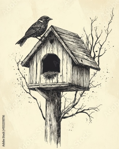 Birdhouse Illustration. Vintage Style Home for Birds with Nesting Box