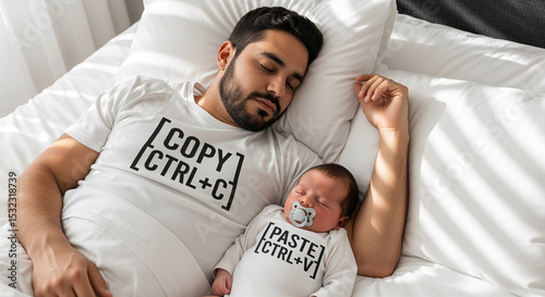 Father and baby sleeping together in matching outfits with witty text on their shirts