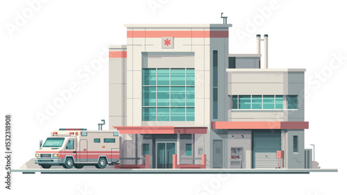 The image is a vector illustration depicting a modern hospital building.  The style is clean and minimalist, featuring flat colors and sharp lines. The building is primarily light gray and