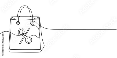 Shopping Spree Continuous Line Editable Stroke Line, Continuous Line Drawing of Garage Sale Icon. Hand Drawn Symbol Vector Illustration, Shopping Bag with Percent Sign continuous one line drawing