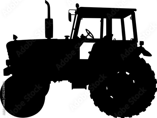 Minimalist black and white silhouette of a tractor in profile, facing left, centered slightly left in the frame, with clear outlines of cab and wheels, bold graphic style with no shading or detail."